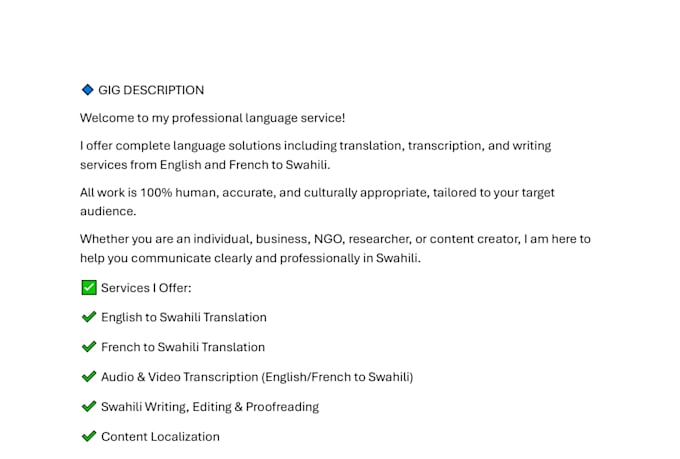write and translate english and french to swahili